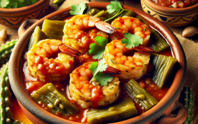 Tortitas de camarón con nopales en salsa roja