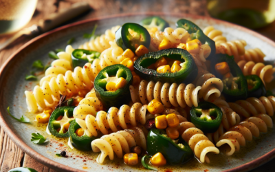 Pasta de tornillos con elote y chile poblano