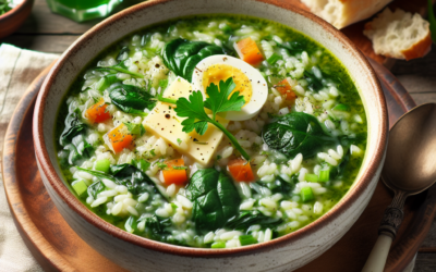 Sopa de arroz con espinacas y queso