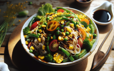 Ensalada de fideos de arroz con verduras y salsa de soya