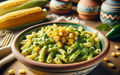 Coditos con crema de poblano y elote