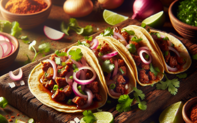 Tacos de carne enchilada con cebolla asada