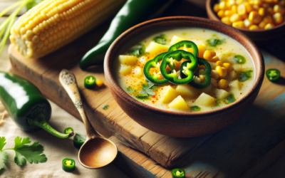 Sopa de papas con chile poblano y elote