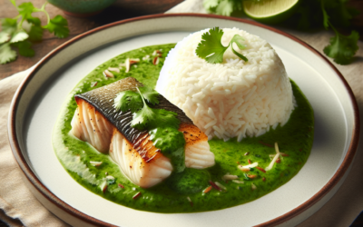 Pescado en salsa de cilantro con arroz