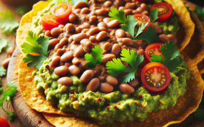 Tostadas veganas de guacamole con frijoles refritos