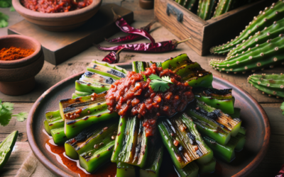 Nopales asados con salsa de chile morita.