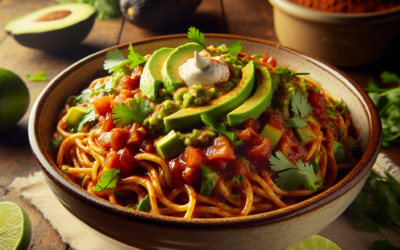 Fideo seco con salsa de tomatillo y aguacate.