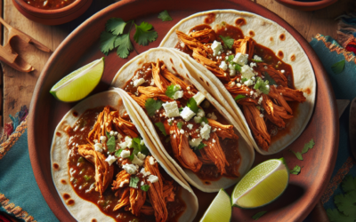 Tacos de mole poblano con pollo deshebrado